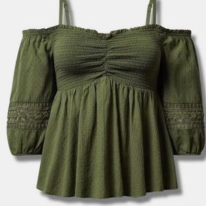Torrid Clip Dot Smocked Front Tie 3/4 Sleeve Cold Shoulder Top, size 1